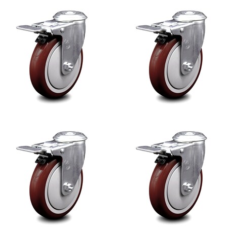 Service Caster 5 Inch Maroon Polyurethane Swivel Bolt Hole Caster Set with Total Lock Brake SCC SCC-BHTTL20S514-PPUB-MRN-4